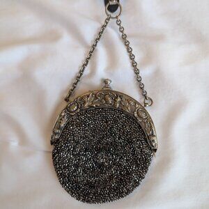 Antique Victorian Gatsby Beaded Chatelaine Purse w/Floral Steel Trim & Belt Clip
